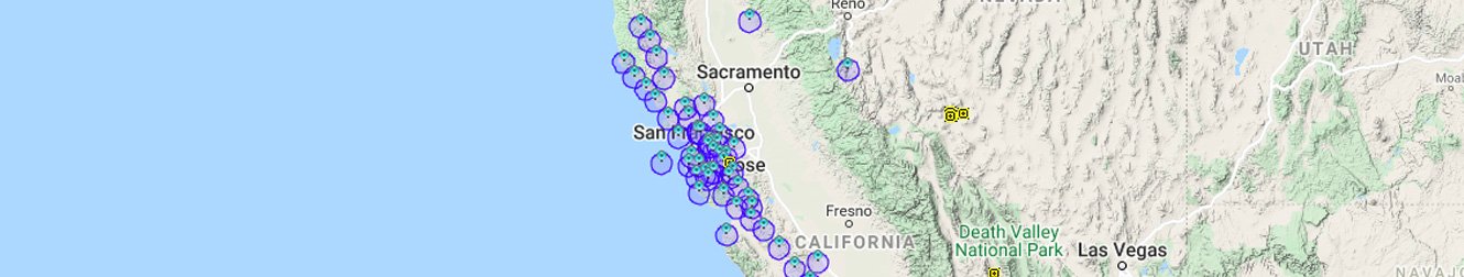 Map of northern and central California with QuakeFinder magnetometer stations marked by circles along the coast and the San Andreas fault system